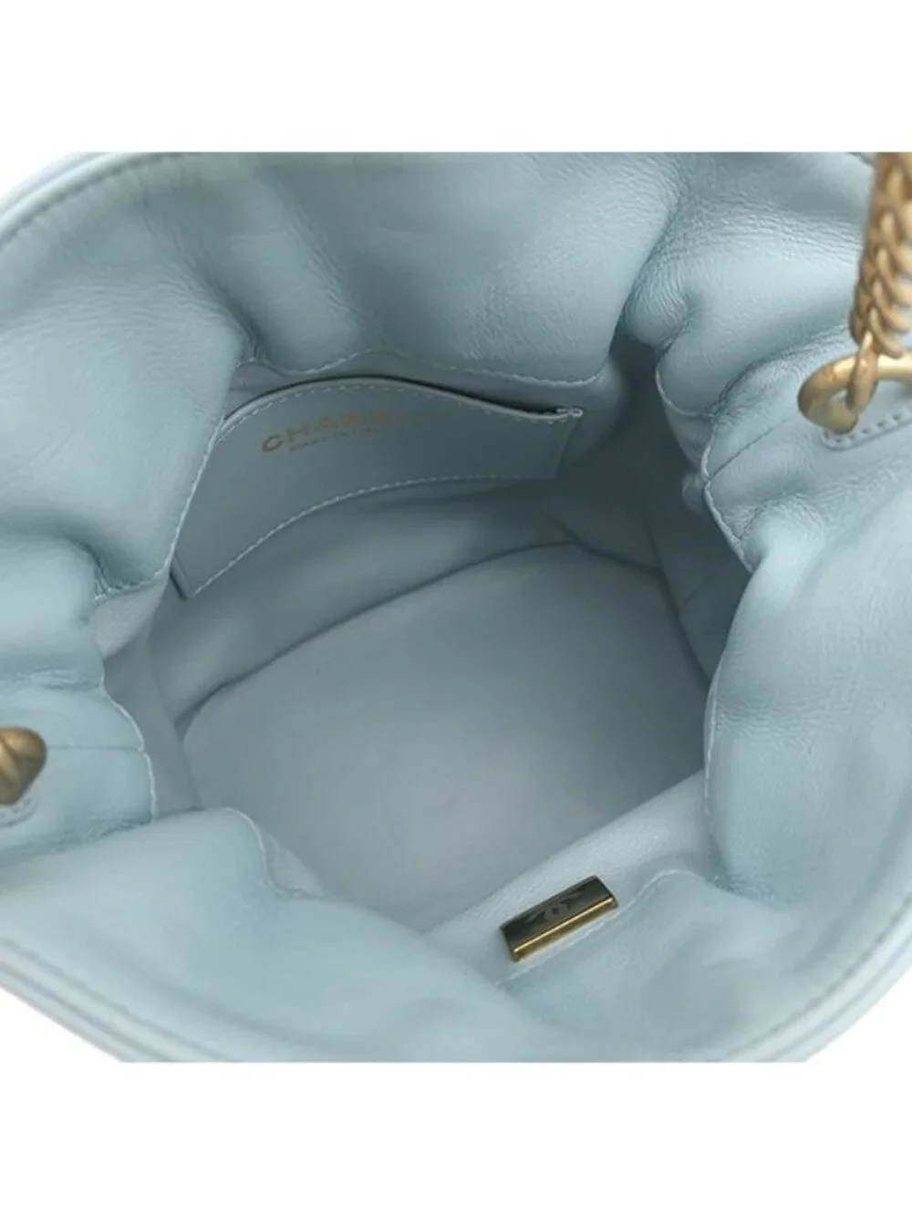 Chanel 2-Way Quilted Mini Bucket Bag Lambskin Light Blue Gold